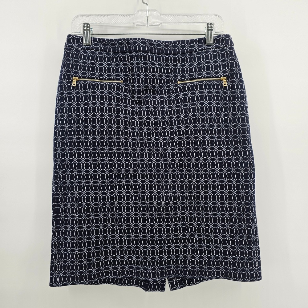 Talbots Pencil Skirt Womens 8 Navy Blue White Geometric Gold Zipper Knit